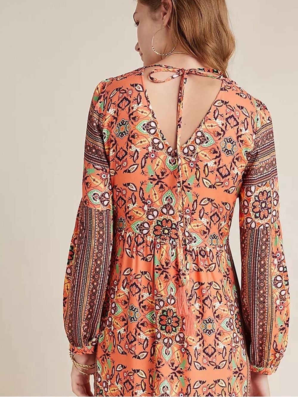 NWT Farm Rio Medallion Maxi Dress XS Orange Boho Puff Sleeve V-Neck - Picture 4 of 5